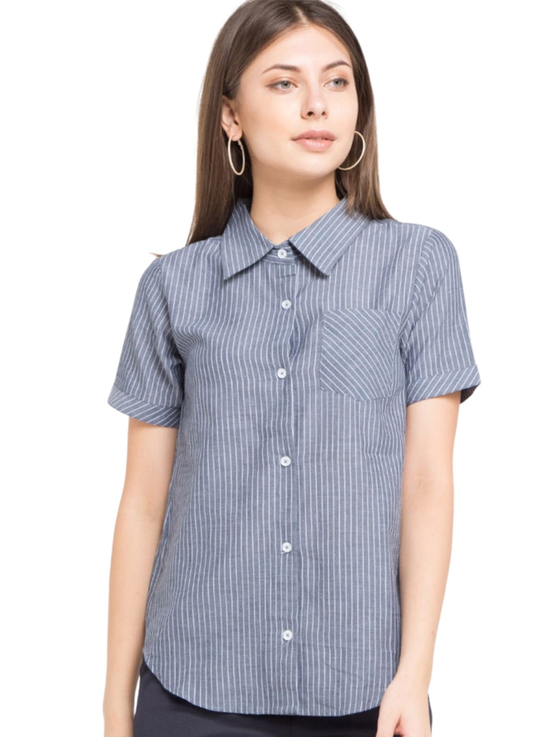 

Chanira La Parezza Striped Spread Collar Short Sleeves Classic Casual Shirt, Grey
