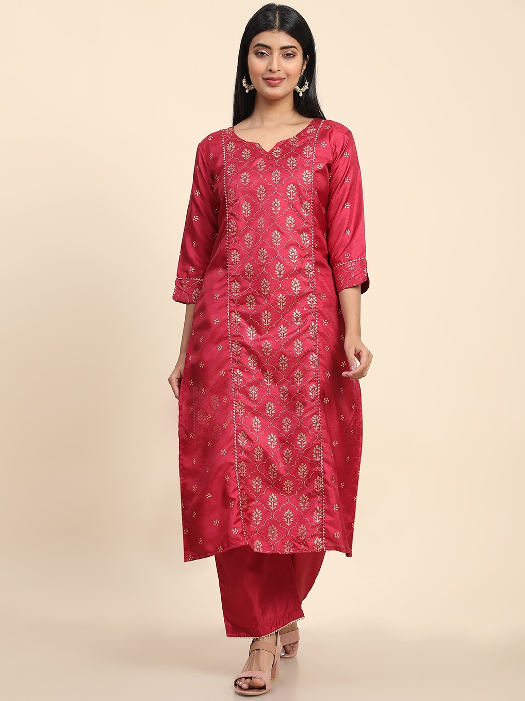 

AVANSHEE Ethnic Motifs Woven Design Gotta Patti Kurta with Trousers, Pink