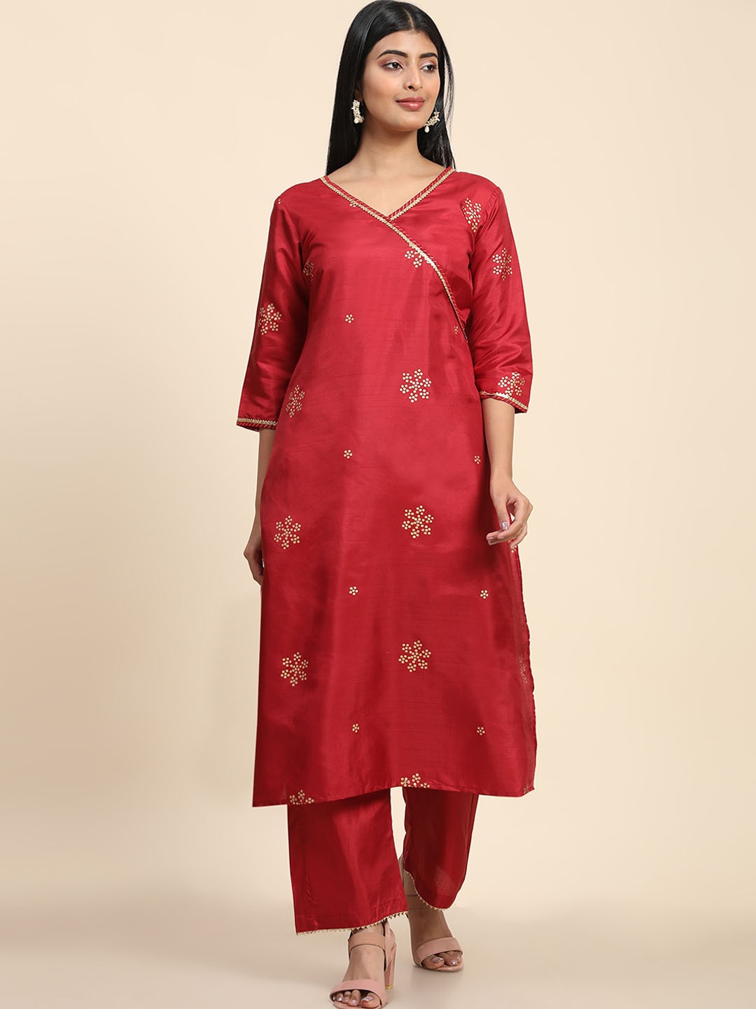 

AVANSHEE Ethnic Motifs Foil Printed Gotta Patti Angrakha A-Line Kurta with Palazzos, Red