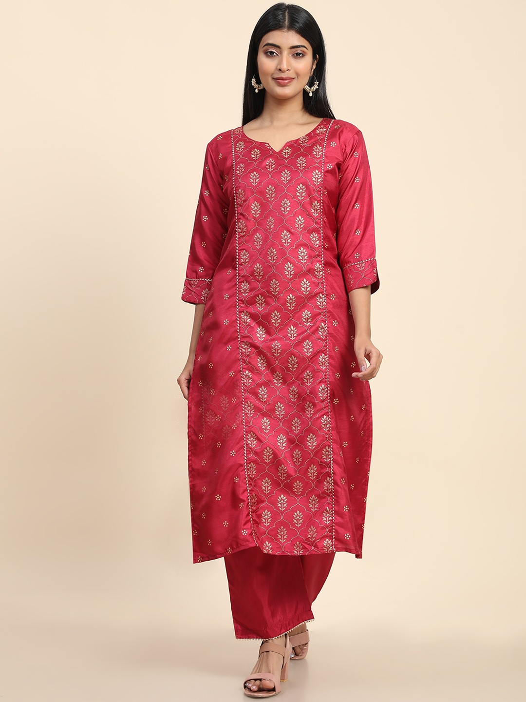 

AVANSHEE Ethnic Motifs Woven Design Gotta Patti Kurta with Trousers, Pink