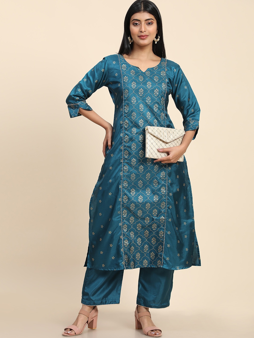 

AVANSHEE Ethnic Motifs Woven Design Gotta Patti Kurta with Trousers, Teal