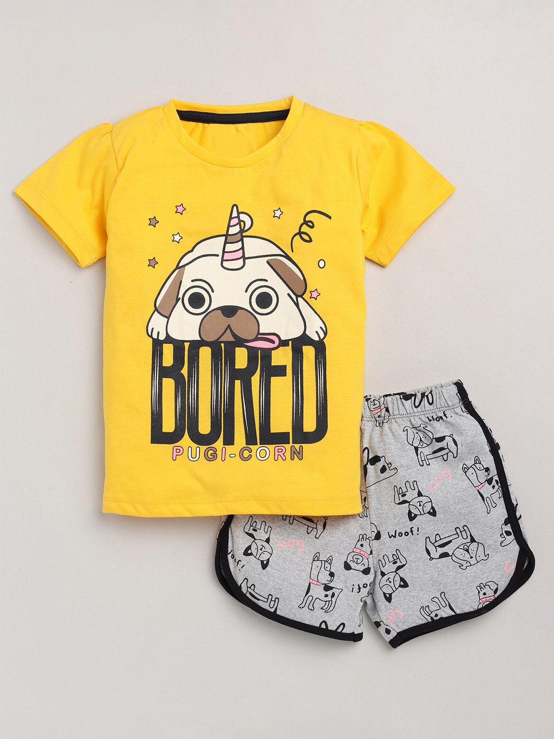 

YK Girls Graphic Printed Short Sleeves T-shirt with Shorts, Yellow