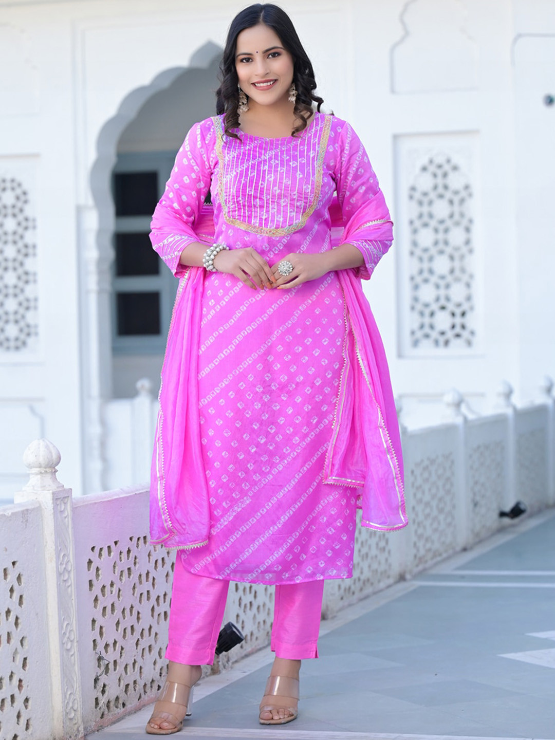 

Ramas Bandhani Printed Pure Silk Kurta With Trousers & Dupatta, Pink