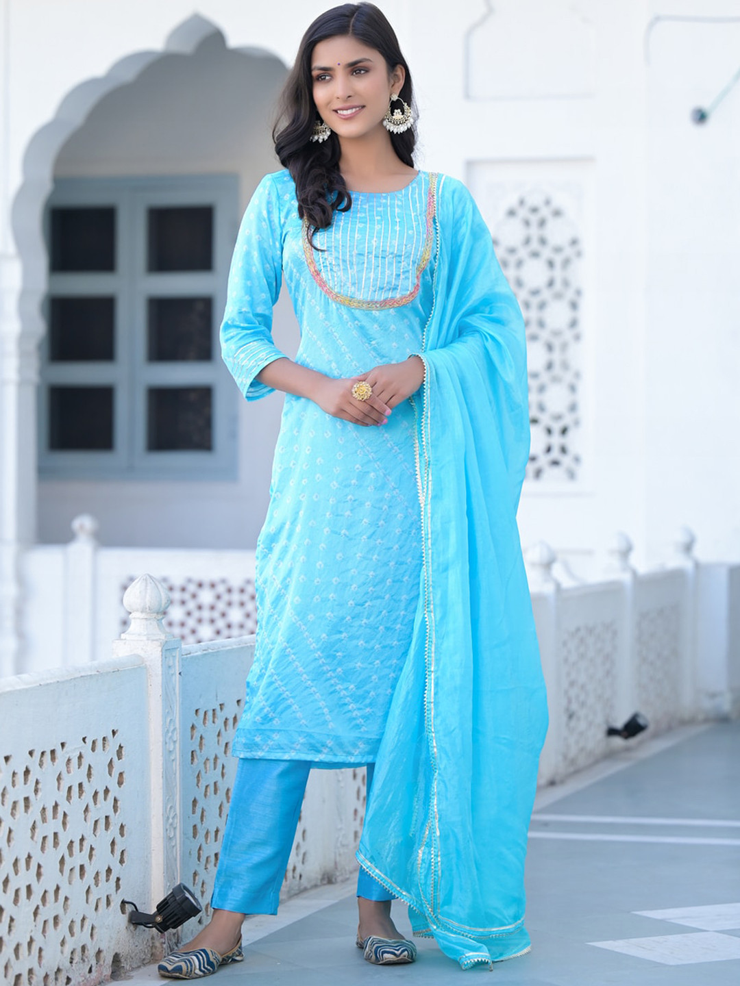 

Ramas Women Turquoise Blue Bandhani Embroidered Regular Thread Work Pure Silk Kurta with Trousers & With