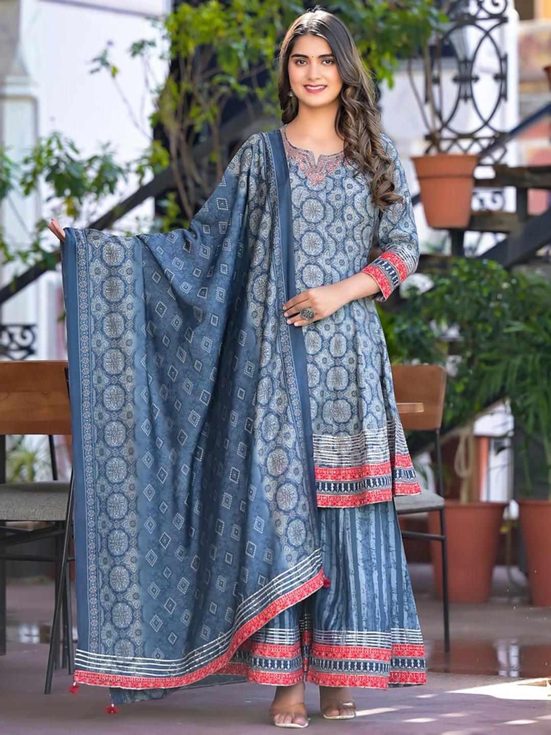 

Ramas Ethnic Motifs Printed Thread Work Kurta with Sharara & Dupatta, Blue
