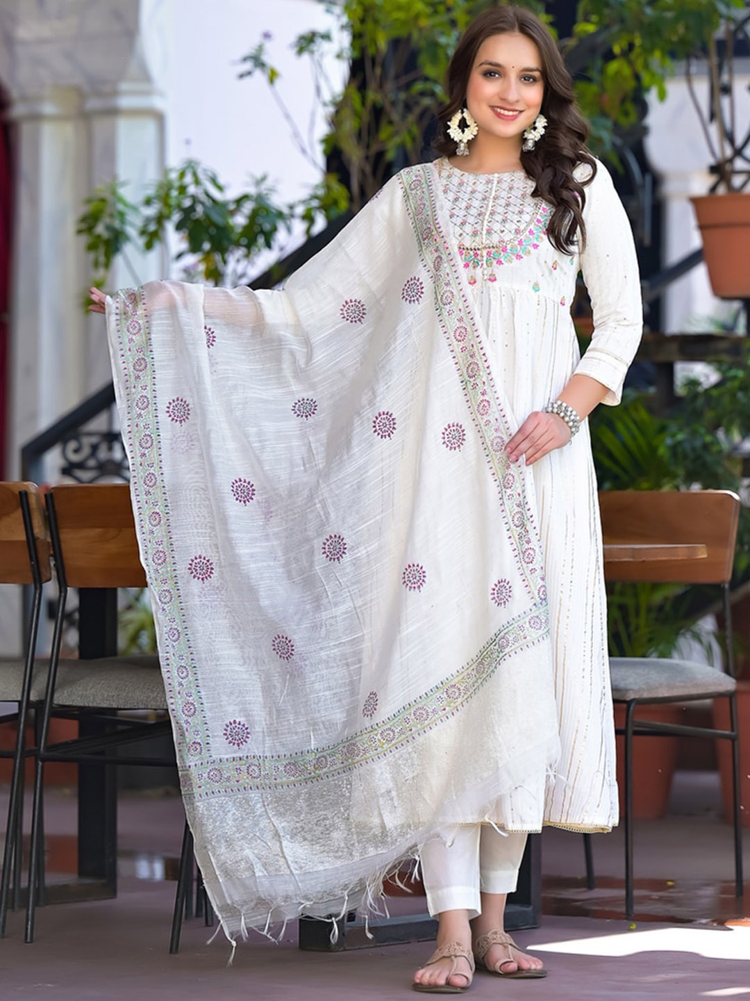 

Ramas Floral Embroidered Mirror Work Kurta with Trousers & Dupatta, White
