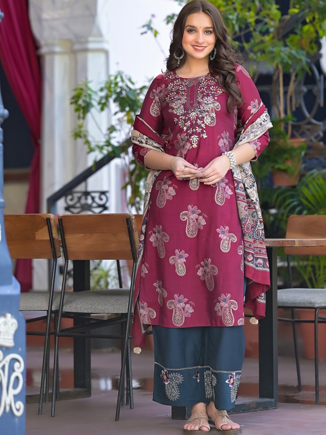 

Ramas Paisley Printed Thread Work Kurta with Palazzos & Dupatta, Maroon