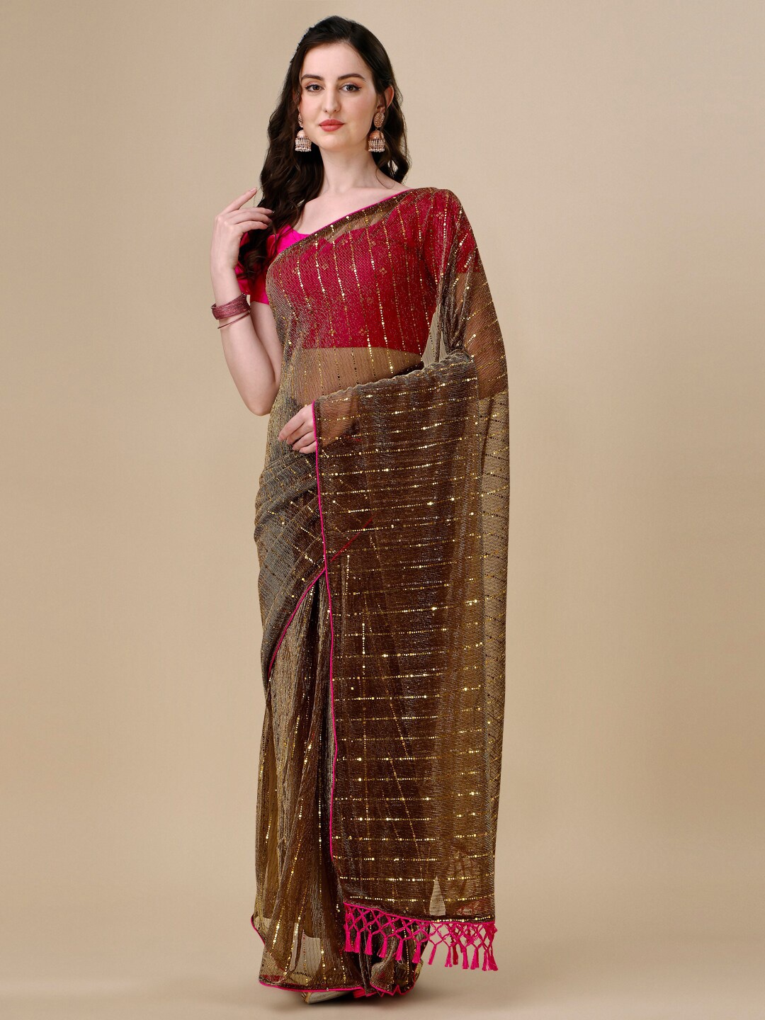 

Mitera Striped Embellished Sequinned Art Silk Saree With Tassel, Brown
