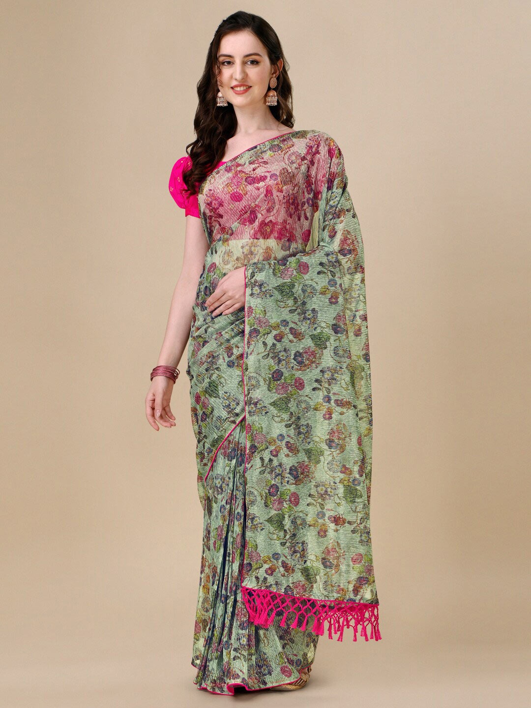 

Mitera Green & Blue Floral Printed Saree