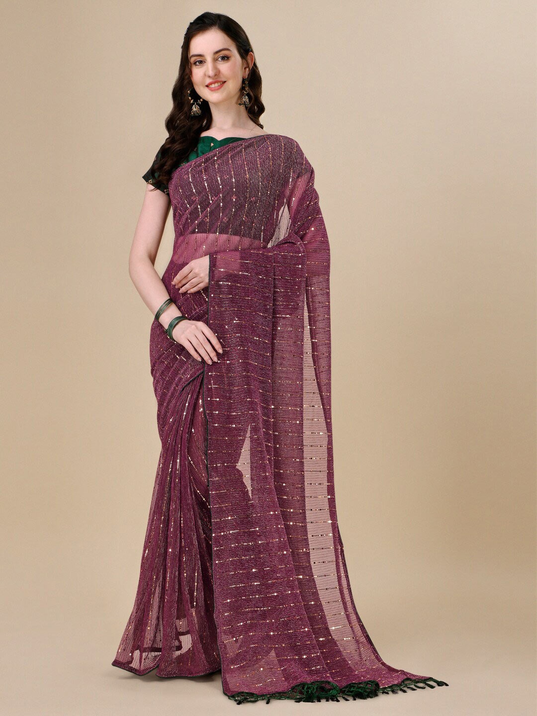 

Mitera Mukaish Embellished Saree, Purple