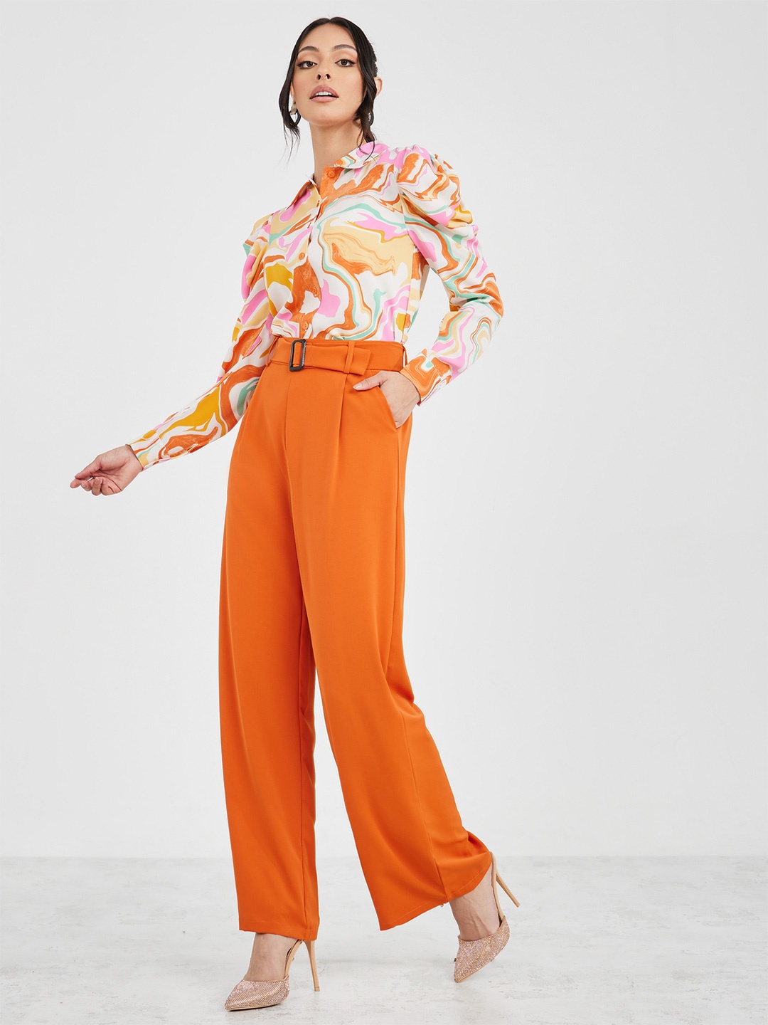 

Styli Women Flared High-Rise Pleated Plain Trousers, Orange