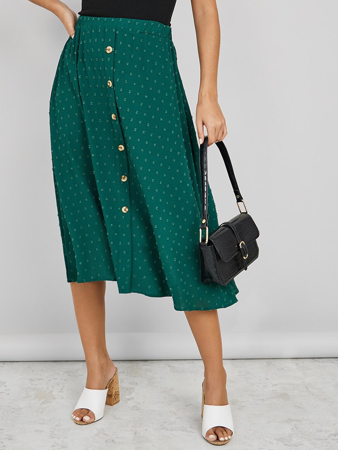 

Styli Printed A-line Midi Flared Slip-On Skirt, Green