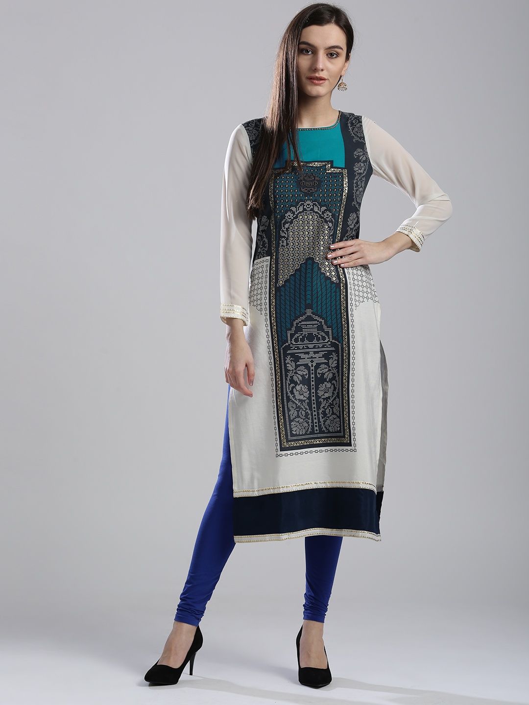 

WISHFUL by W Women Cream-Coloured & Blue Printed Straight Kurta