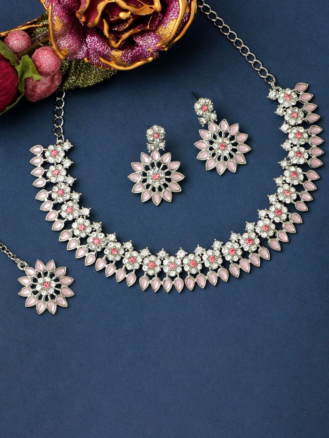 

Atasi International Silver-Plated Crystal-Studded Floral Jewellery Set