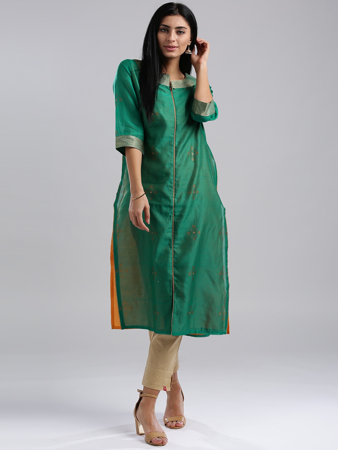 

WISHFUL by W Women Green Printed Layered Straight Kurta