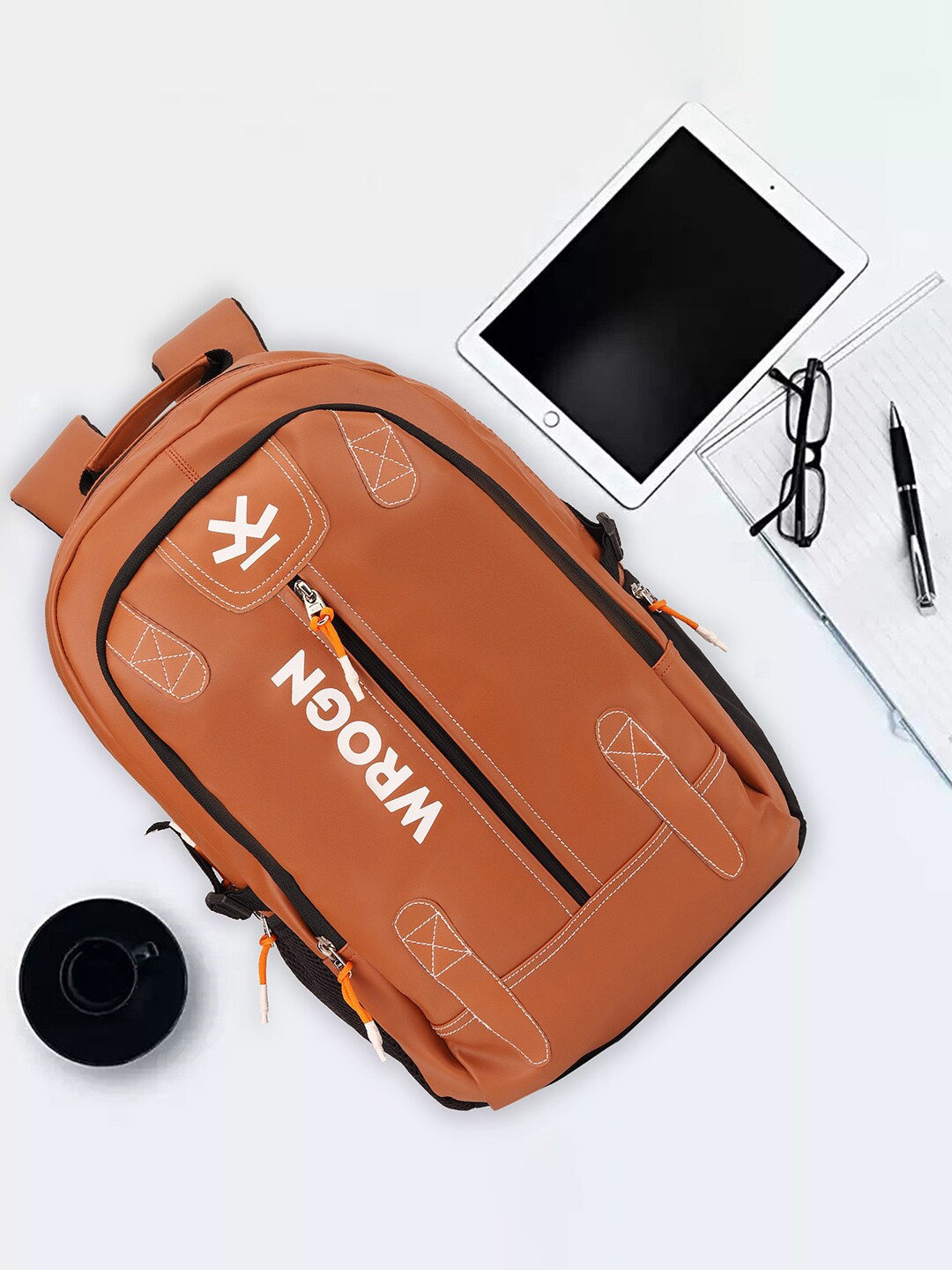 

WROGN Brand Logo Printed Padded Backpack With Rain Cover, Beige