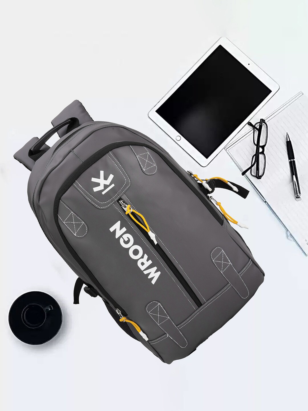 

WROGN Brand Logo Printed Padded Backpack With Rain Cover, Grey