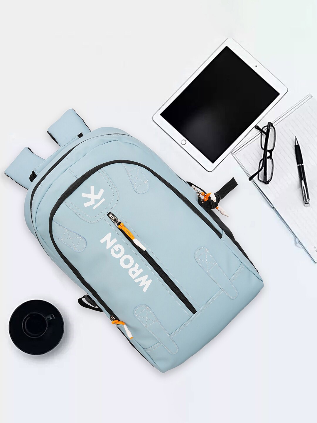 

WROGN Brand Logo Printed Padded Backpack With Rain Cover, Blue