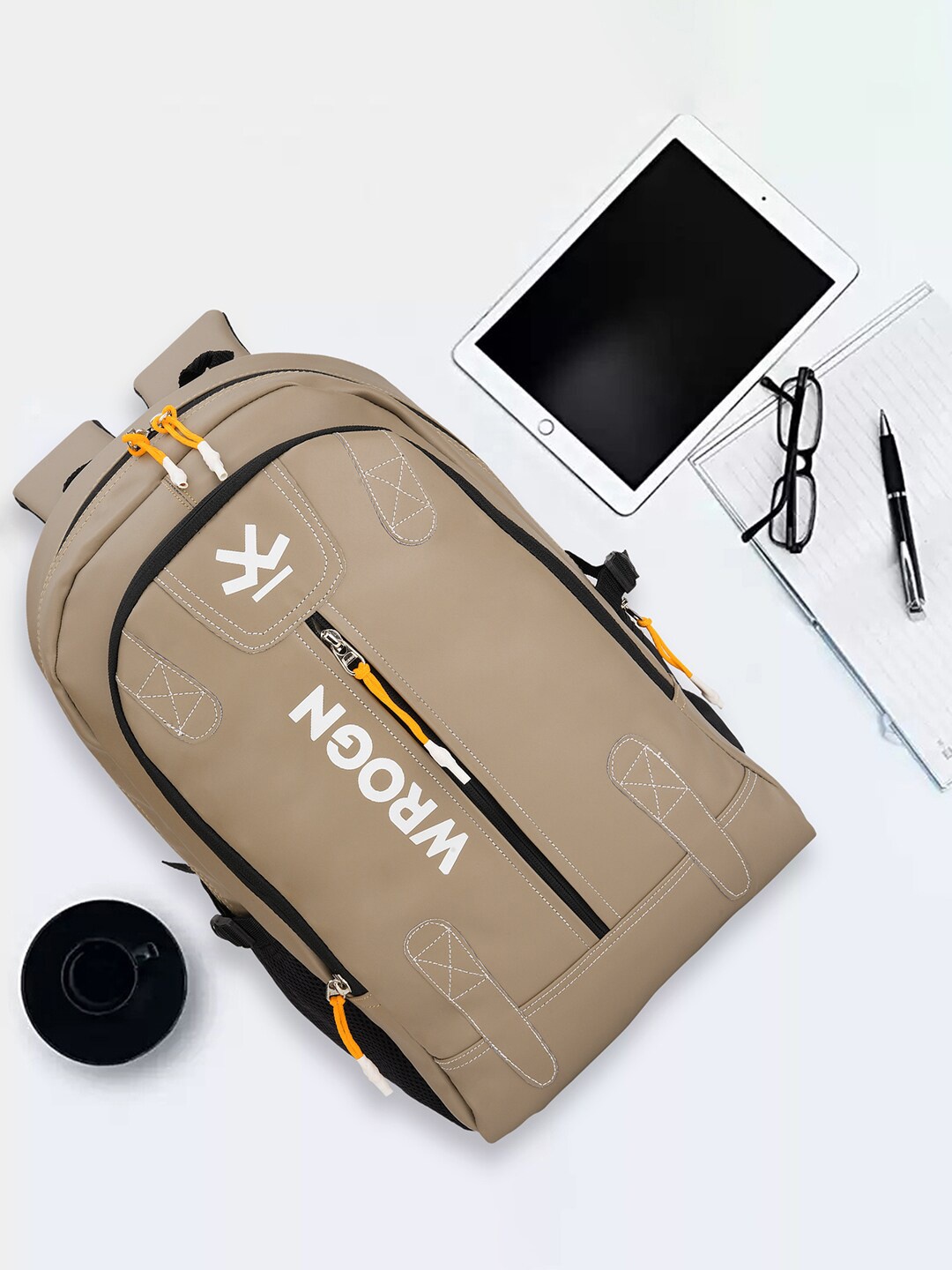 

WROGN Brand Logo Printed Padded Backpack With Rain Cover, Tan