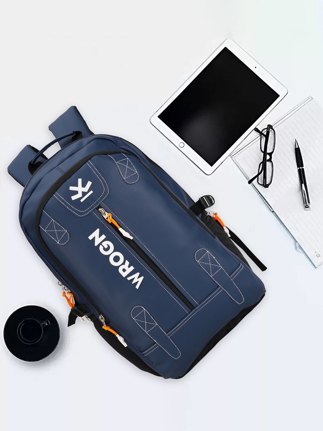 

WROGN Brand Logo Printed Padded Backpack With Rain Cover, Navy blue