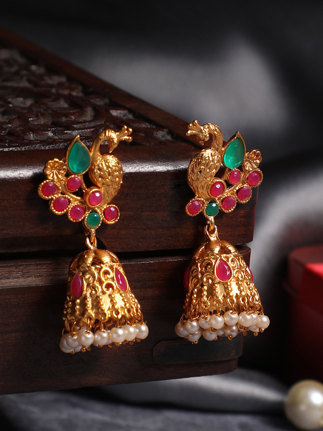 

Atasi International Gold-Plated Peacock Shaped Jhumkas Earrings