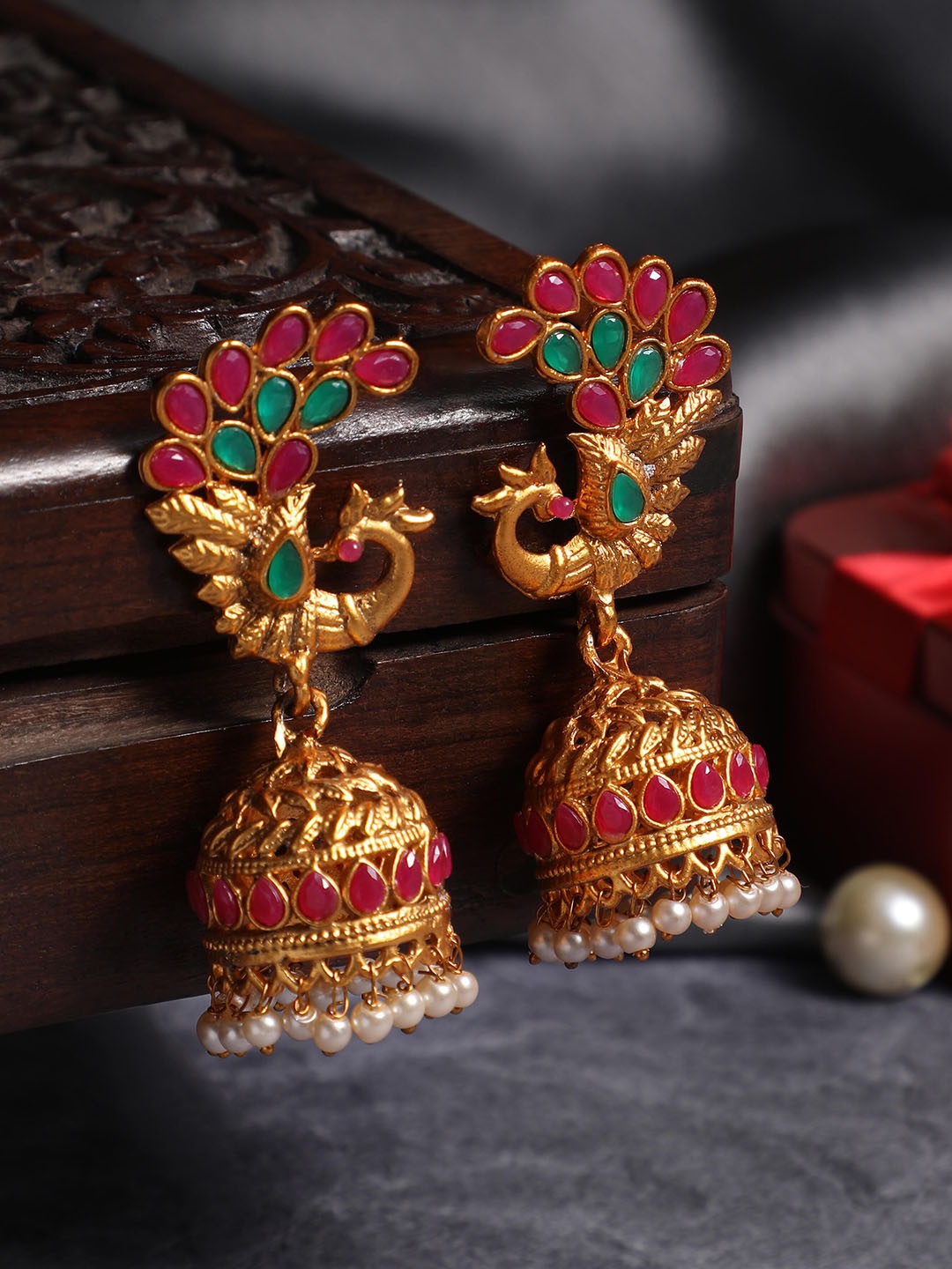 

Atasi International Gold-Plated Peacock Shaped Jhumkas Earrings