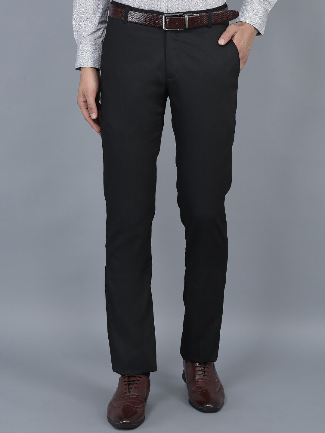 

COBB Men Ultra Mid Rise Plain Cotton Formal Trousers, Black