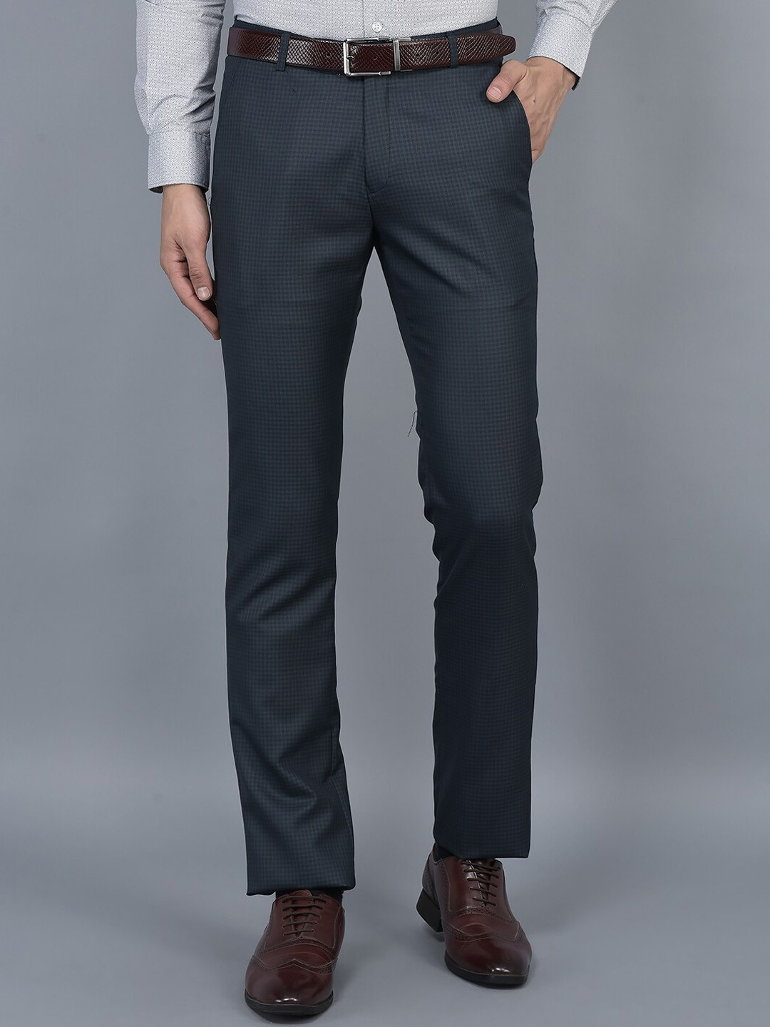 

COBB Men Ultra Checked Mid Rise Cotton Formal Trousers, Navy blue