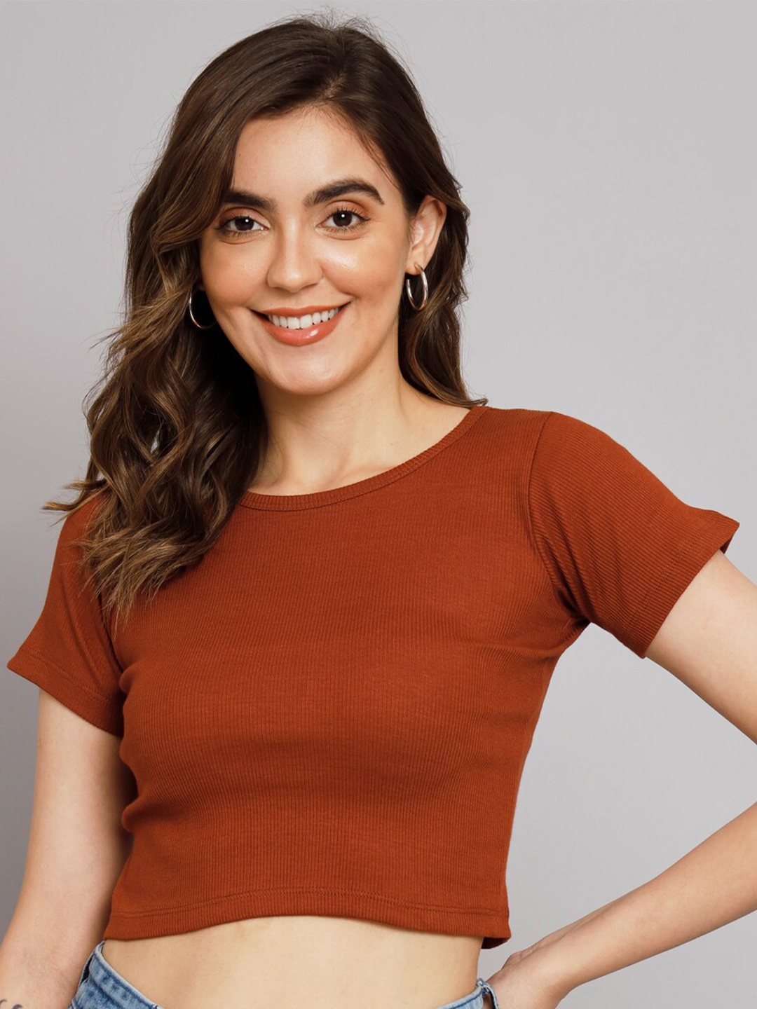 

GUTI Round Neck Cotton Fitted Crop Top, Brown