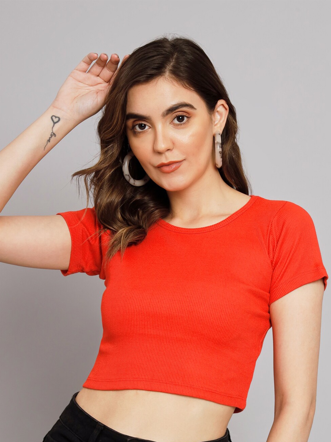 

GUTI Ribbed Cotton Crop Fitted Top, Orange