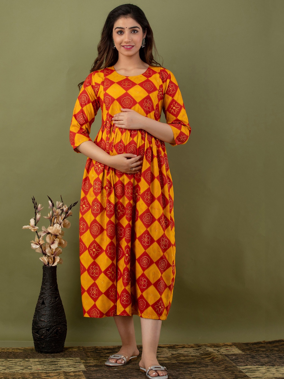 

Mialo fashion Ethnic Motifs Printed Maternity Fit and Flare Ethnic Dress, Orange