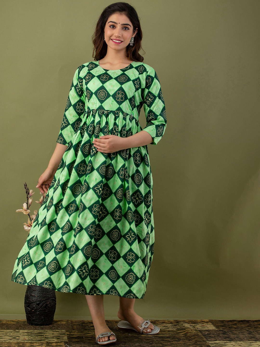 

Mialo fashion Ethnic Motifs Printed Maternity Fit and Flare Ethnic Dress, Green