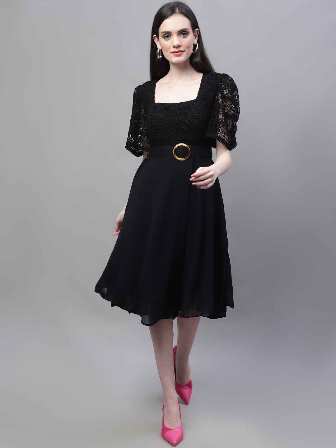 

MARC LOUIS Lace Square Neck Fit & Flare Dress, Black