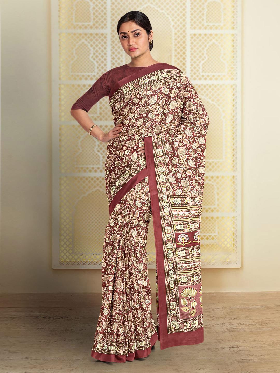 

Kalamandir Floral Printed Crepe Saree, Brown