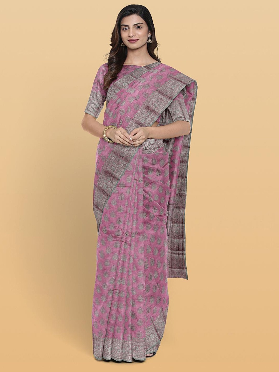 

Kalamandir EThnic Motif Woven Design Zari Silk Cotton Saree, Brown