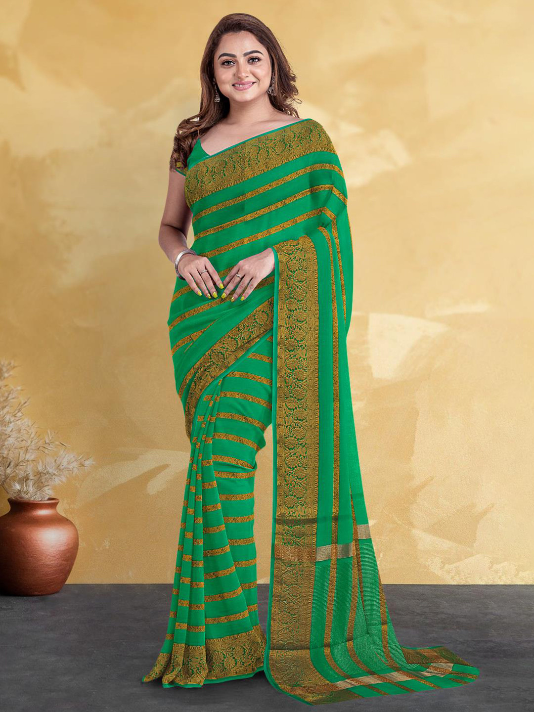 

Kalamandir Striped Woven Design Zari Saree, Green