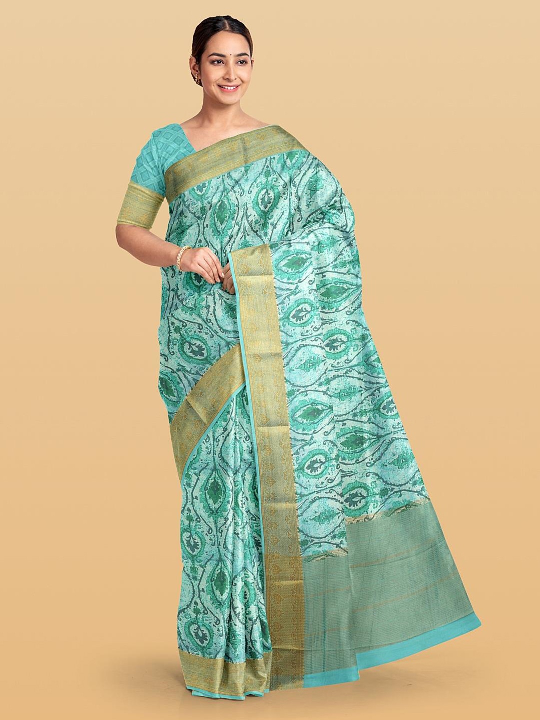 

Kalamandir Abstract Silk Blend Zari Saree With Blosue Piece, Sea green