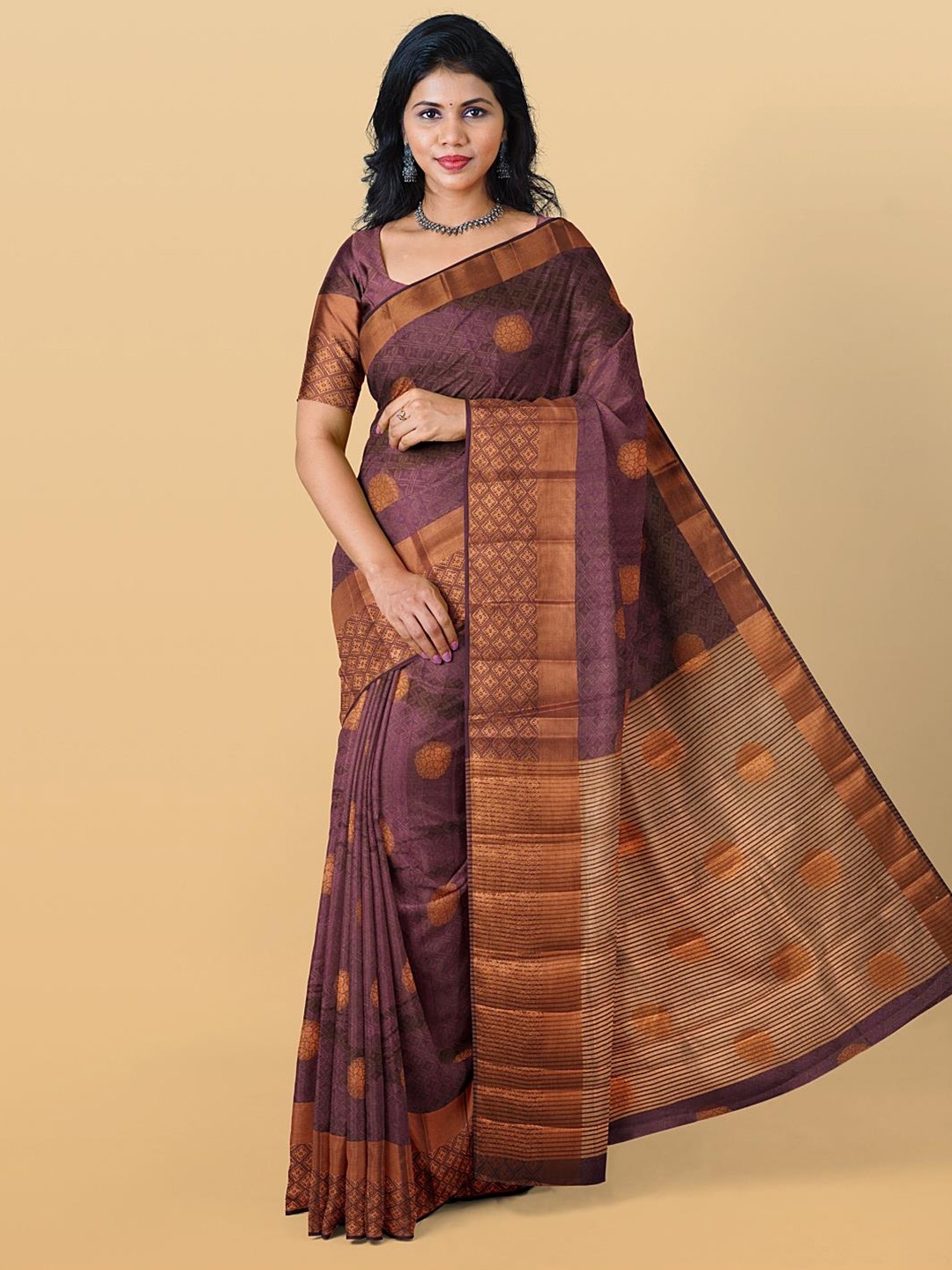 

Kalamandir Ethnic Motif Silk Cotton Zari Saree With Blouse Piece, Purple