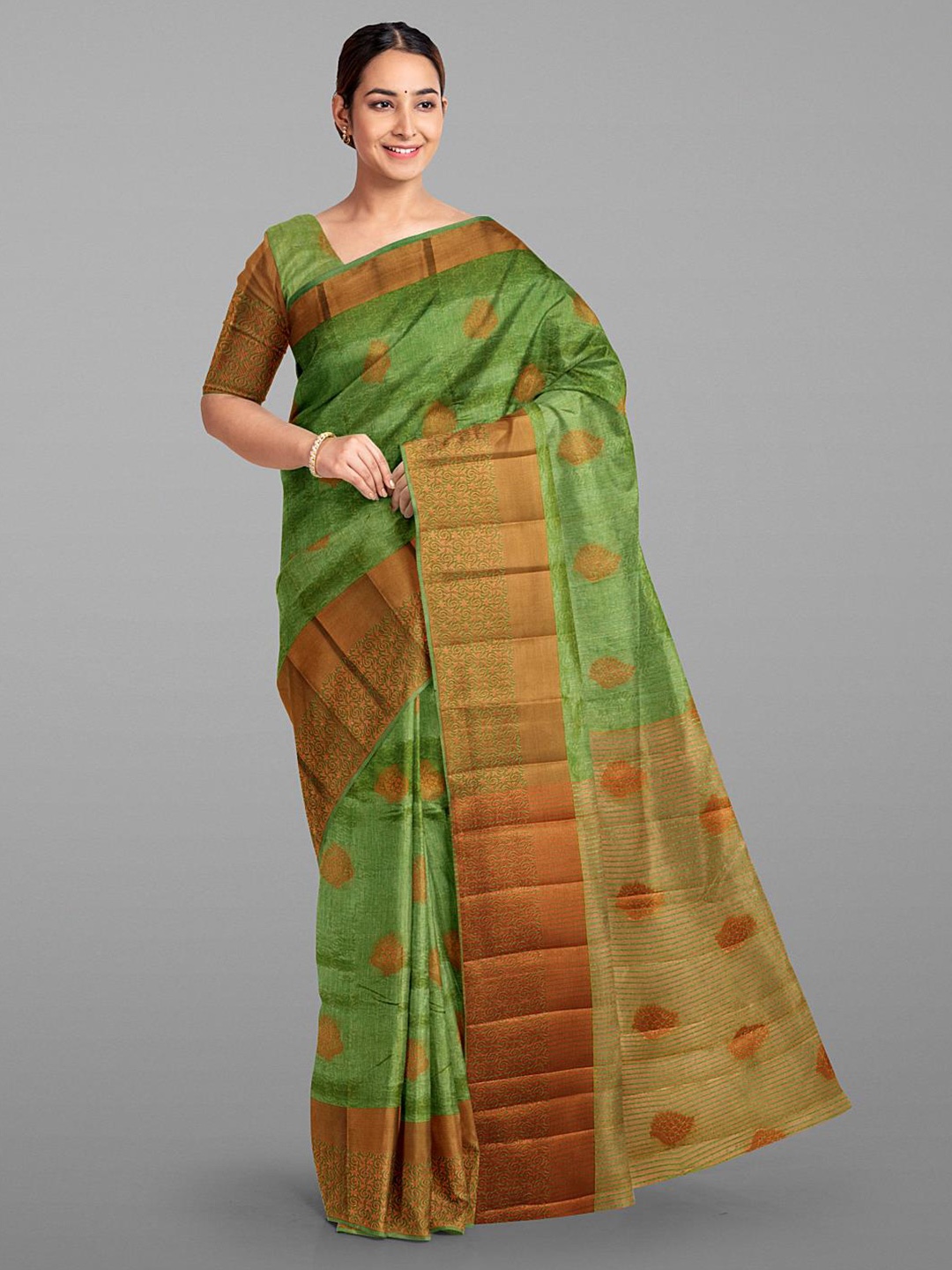 

Kalamandir Ethnic Motif Silk Cotton Zari Saree With Blouse Piece, Olive