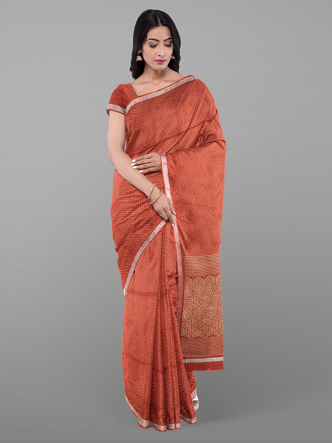 

Kalamandir Geometric Printed Zari Saree, Rust