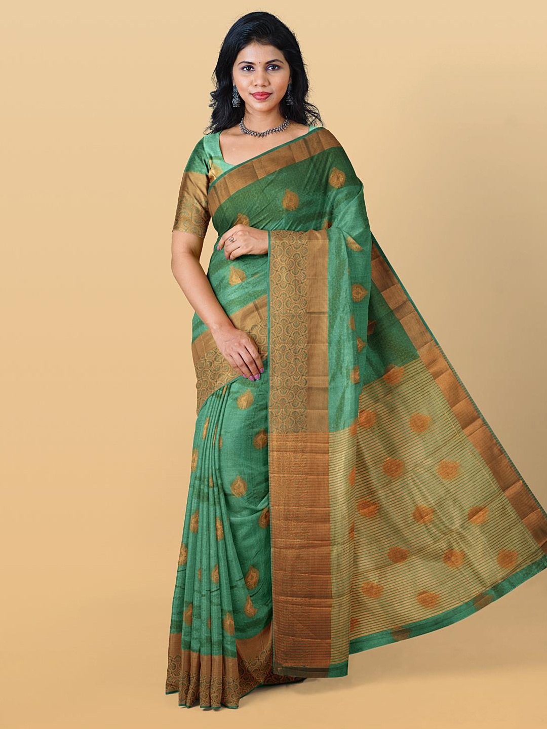 

Kalamandir Ethnic Motifs Woven Design Zari Silk Cotton Saree, Sea green