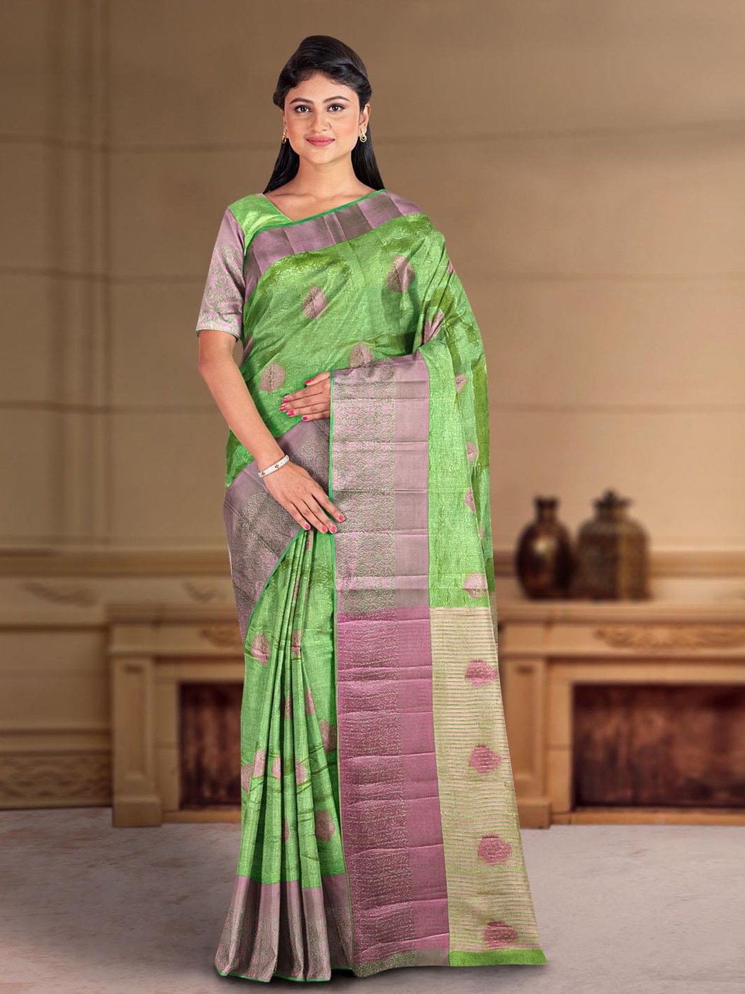 

Kalamandir Ethnic Motif Woven Design Zari Saree, Green