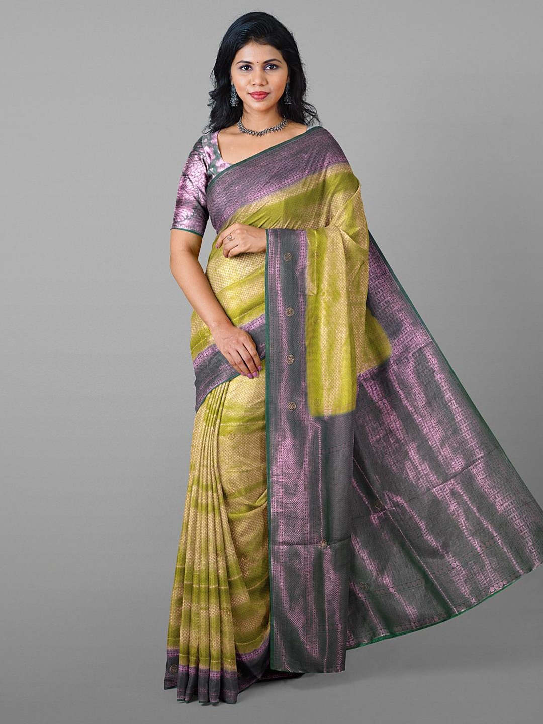 

Kalamandir Ethnic Motif Woven Design Embellished Zari Saree, Olive