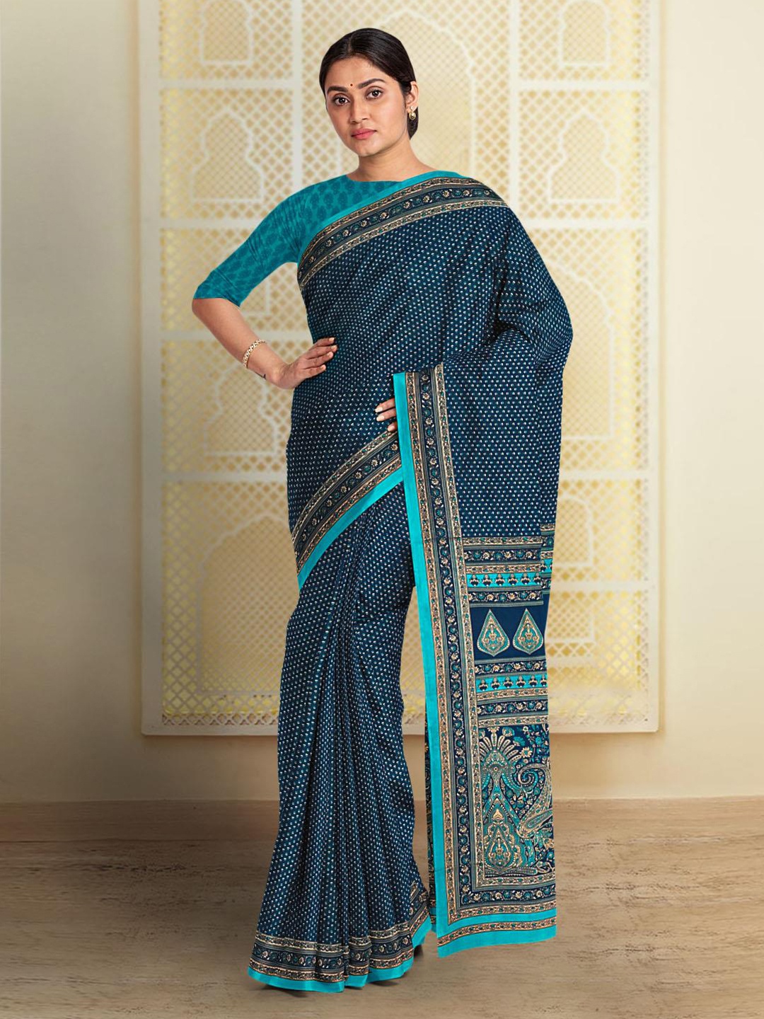 

Kalamandir Ethnic Printed Pure Crepe Saree, Navy blue