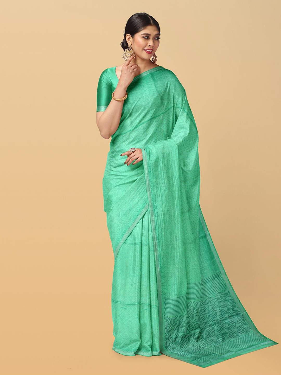 

Kalamandir Geometric Printed Silk Blend Saree, Sea green
