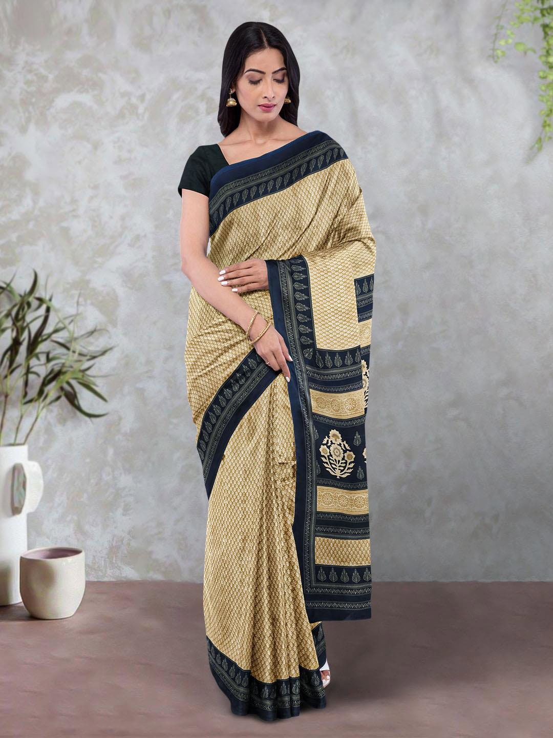 

Kalamandir Ethnic Motif Pure Crepe Saree With Blouse Piece, Cream