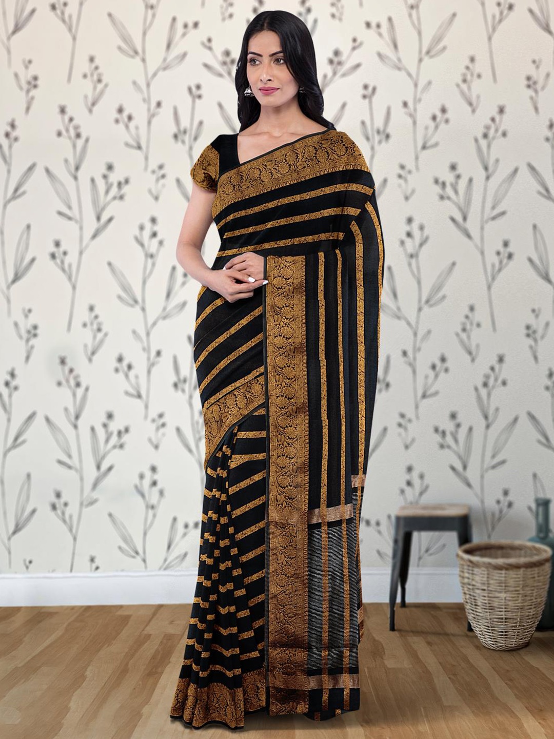 

Kalamandir Striped Woven Design Zari Saree, Black