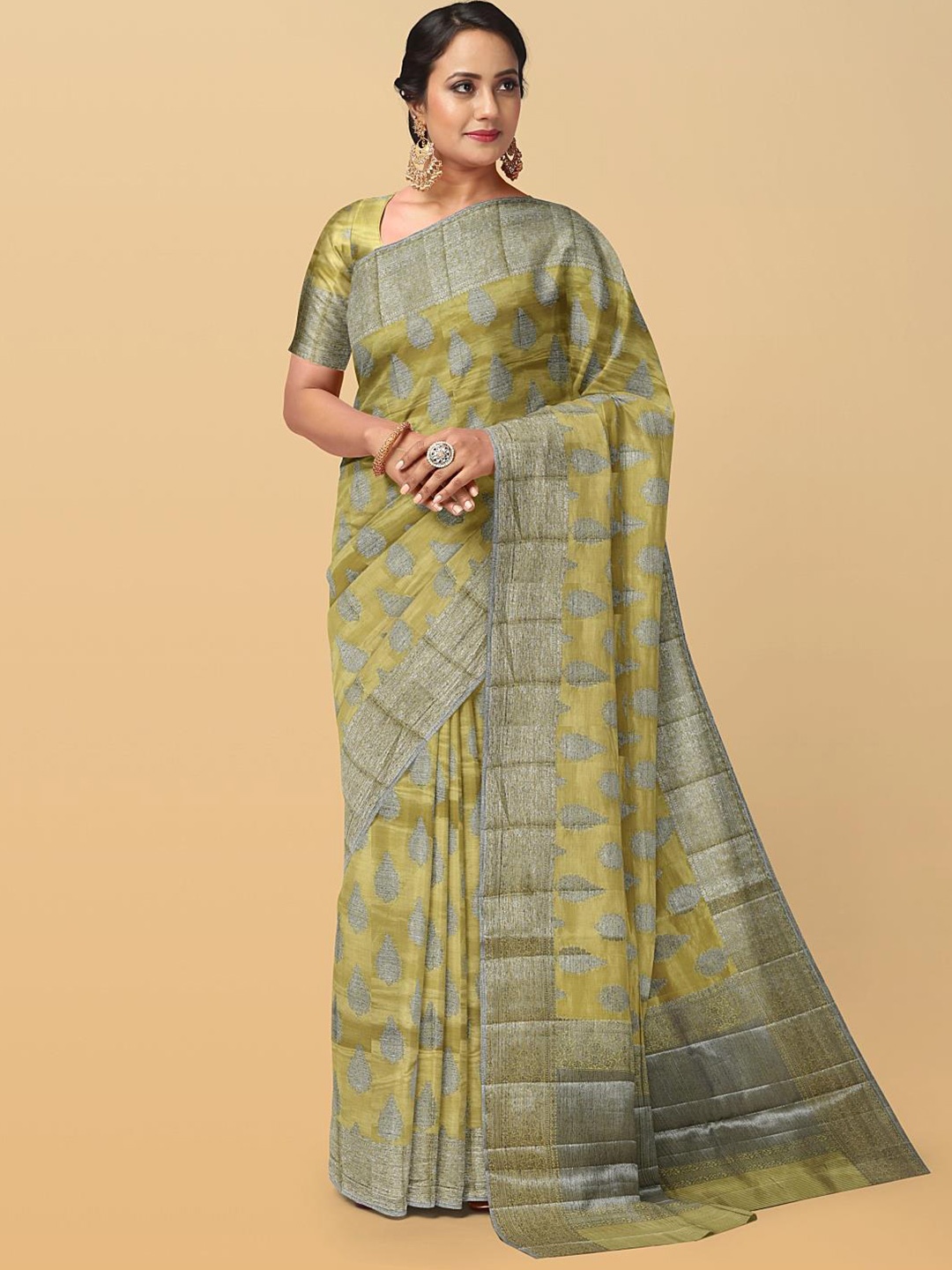 

Kalamandir Ethnic Motif Woven Design Zari Saree, Olive