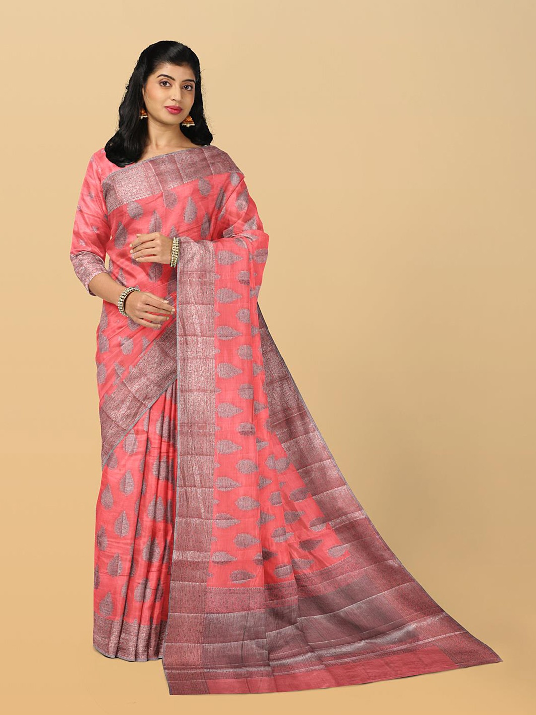 

Kalamandir Woven Design Zari Silk Cotton Saree, Coral