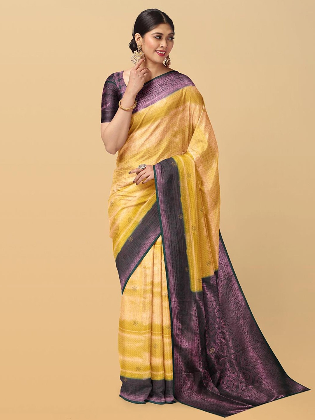 

Kalamandir Ethnic Motif Silk Blend Zari Saree With Blouse Piece, Yellow